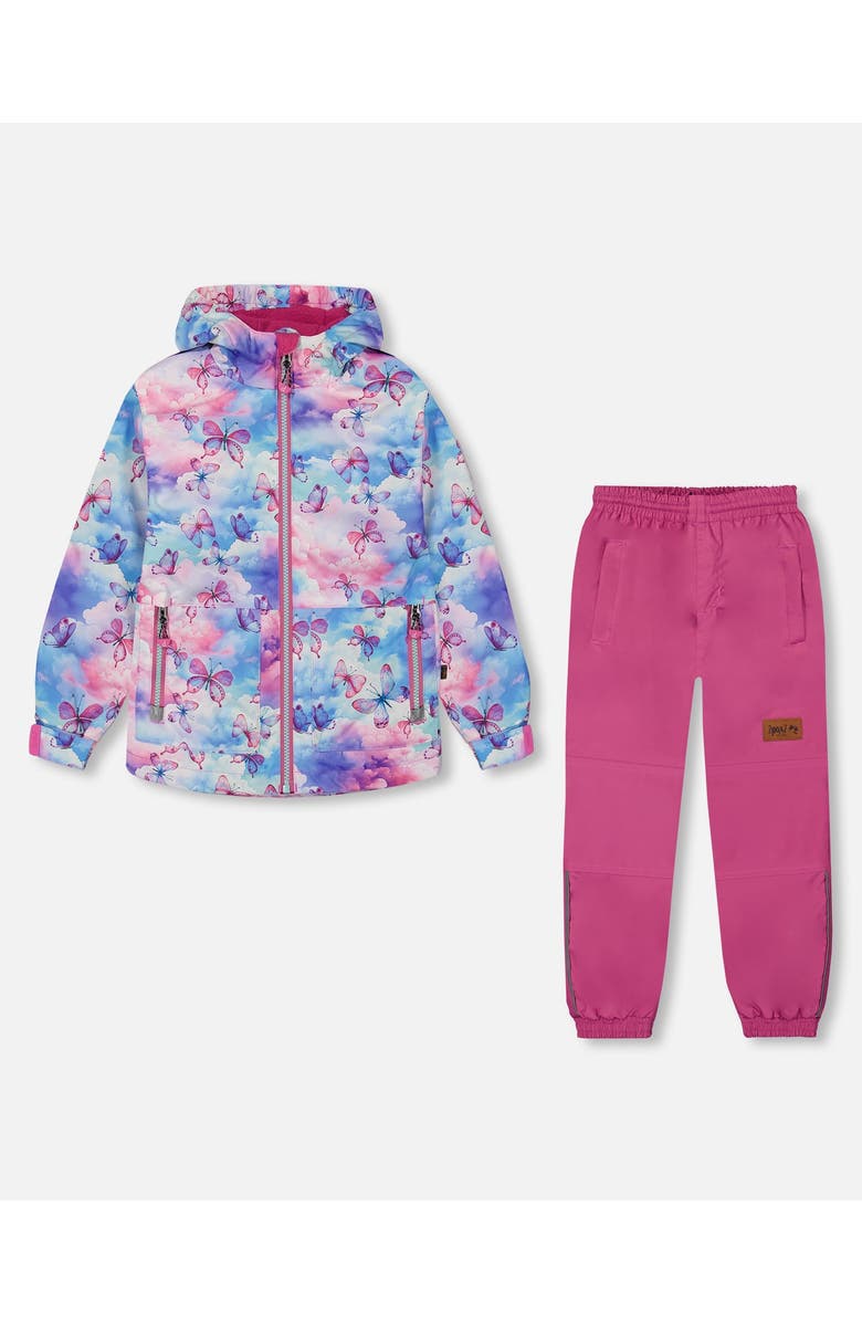 Deux par Deux Little Girl's Printed Jacket Two-Piece Mid-Season Outerwear Set Butterflies On Multicolored And Vibrant Pink Background, Main, color,