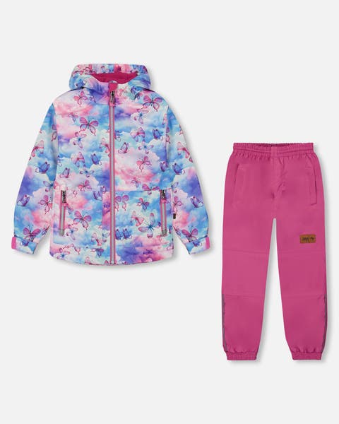 Little Girl's Printed Jacket Two-Piece Mid-Season Outerwear Set Butterflies On Multicolored And Vibrant Pink Background