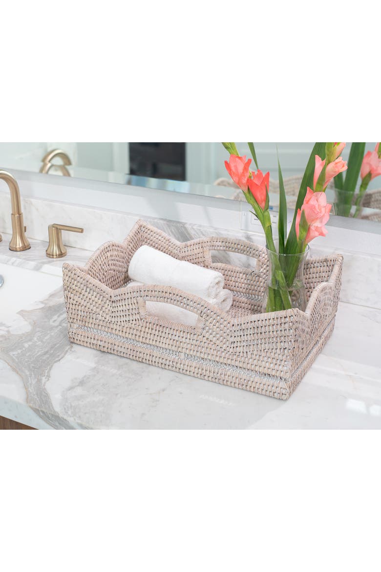 Artifacts Rattan Rectangular Scalloped Shelf Basket, Alternate, color, White Wash