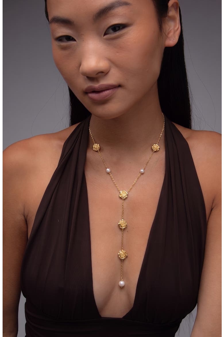 Long Rose Lariat Necklace In Gold & Pearls, Alternate, color, Gold