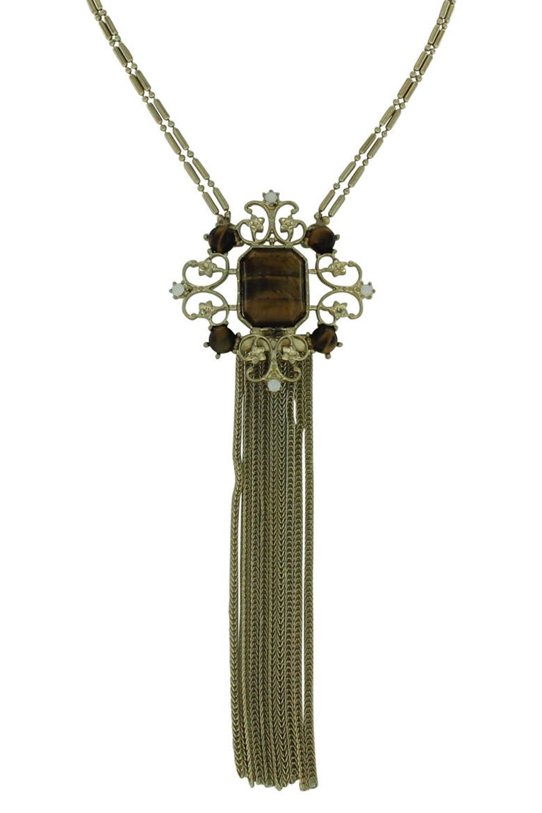 Double Strand Marled Stone Tassel Necklace, Main, color, GOLD / BROWN