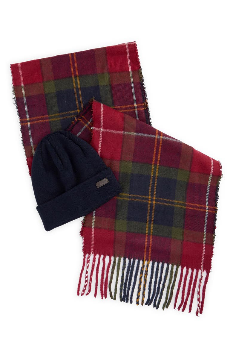 Barbour Swinton Tartan Scarf & Beanie Set, Main, color, Winterberry Tartan
