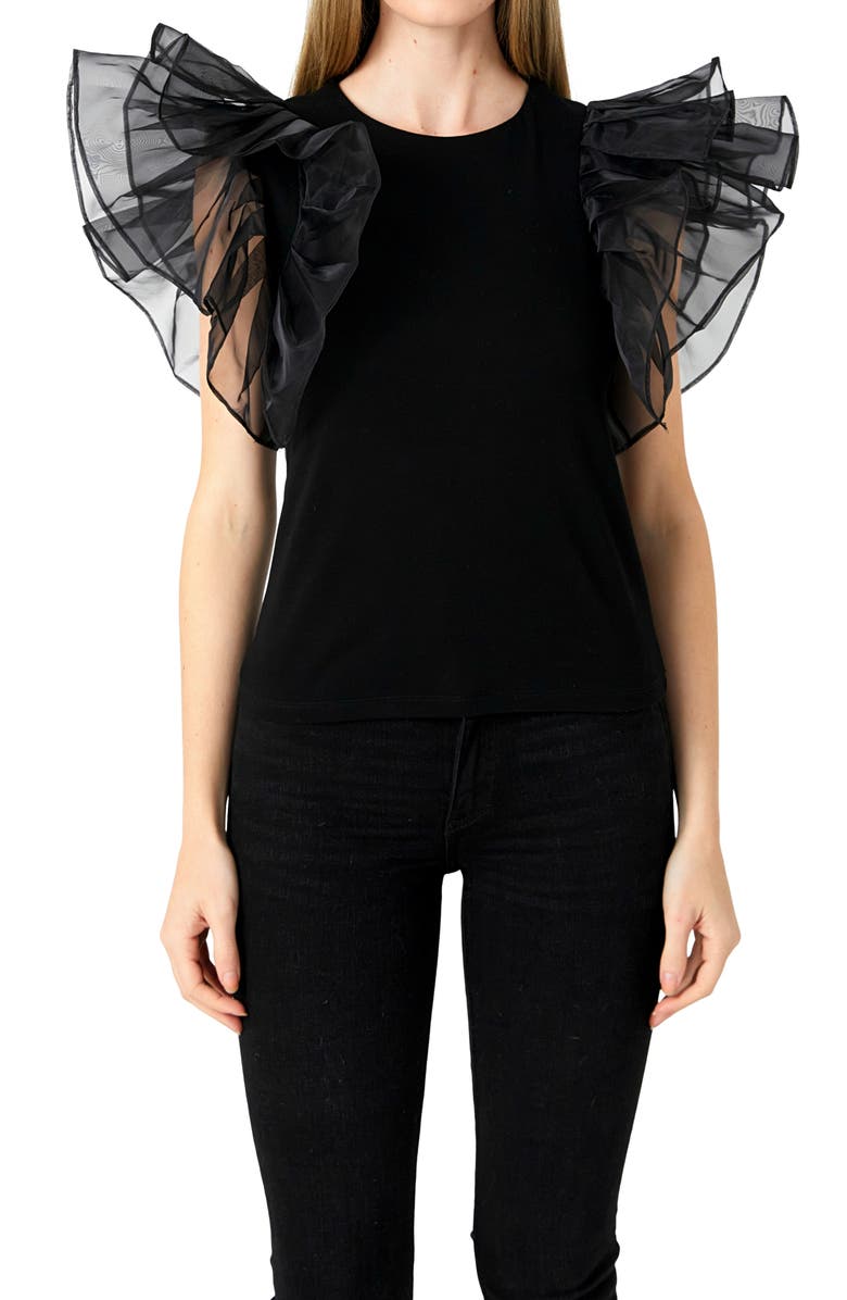 Endless Rose Organza Ruffle Sleeve Top, Alternate, color, Black