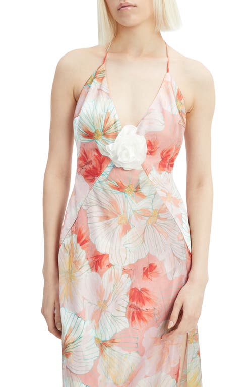 Shop Bardot Aradia Rosette Floral Plunge Halter Gown In Peach Floral