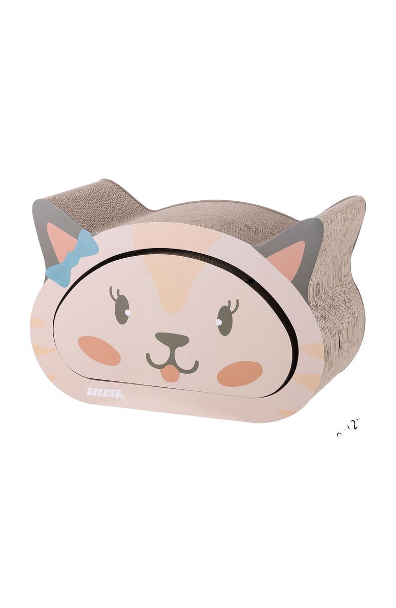 The Licker Store Opal Modern Cardboard Happy Cat Head 2-in-1 Cat Cave Scratcher with Built-In Bell Toys and Catnip, Alternate, color, Cream/Peach