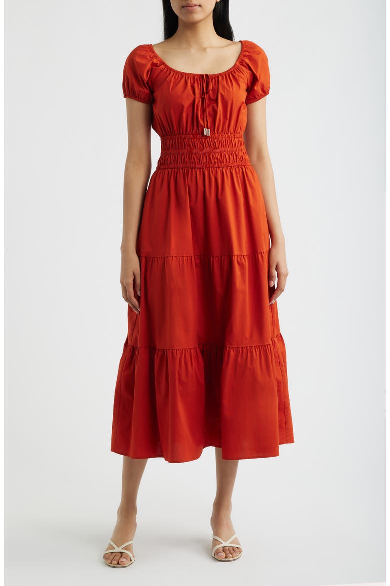 Smocked Tiered Midi Dress, Main, color, CHILI