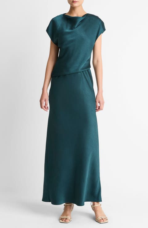 Draped Cowl Neck Cap Sleeve Midi Dress