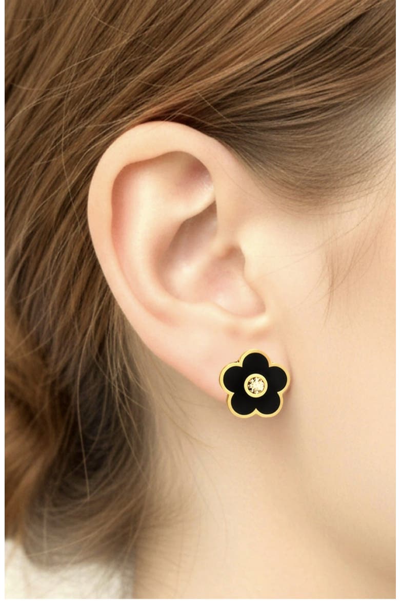 Cubic Zirconia & Enamel Flower Stud Earrings, Alternate, color, GOLD/ BLACK