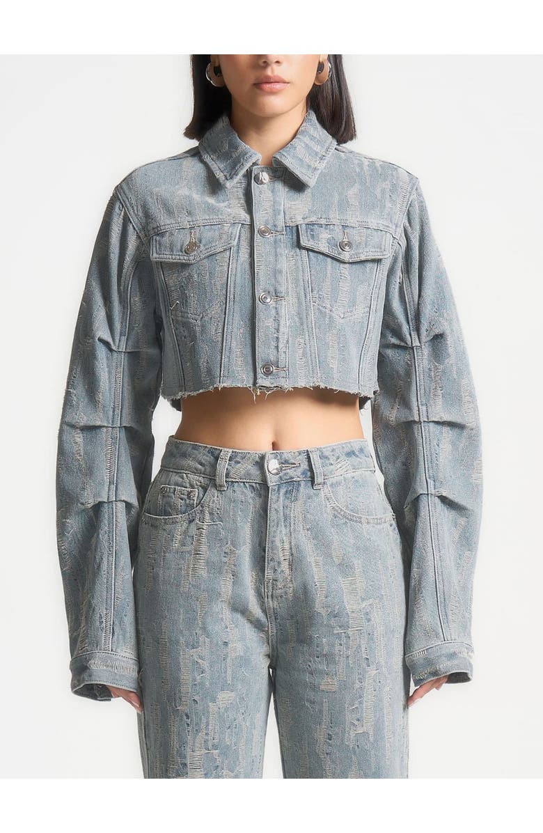 Manière De Voir Alice Cropped Distressed Denim Jacket, Main, color, Mid Blue