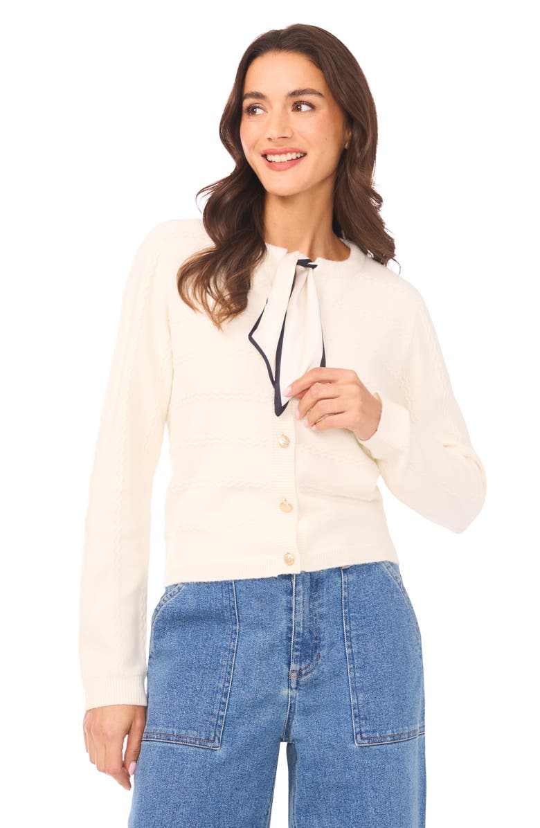 CeCe Tie Scarf Cardigan, Alternate, color, Butter Ivory