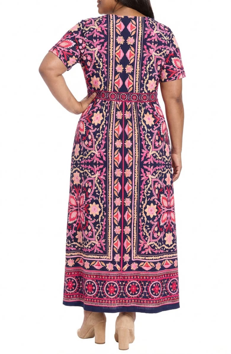 London Times Short Sleeve Maxi Dress, Alternate, color, Navy/ Pink Peacock