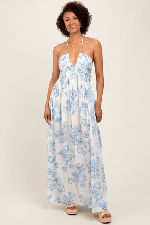 Blue Floral Tie-Back Halter Maxi Dress