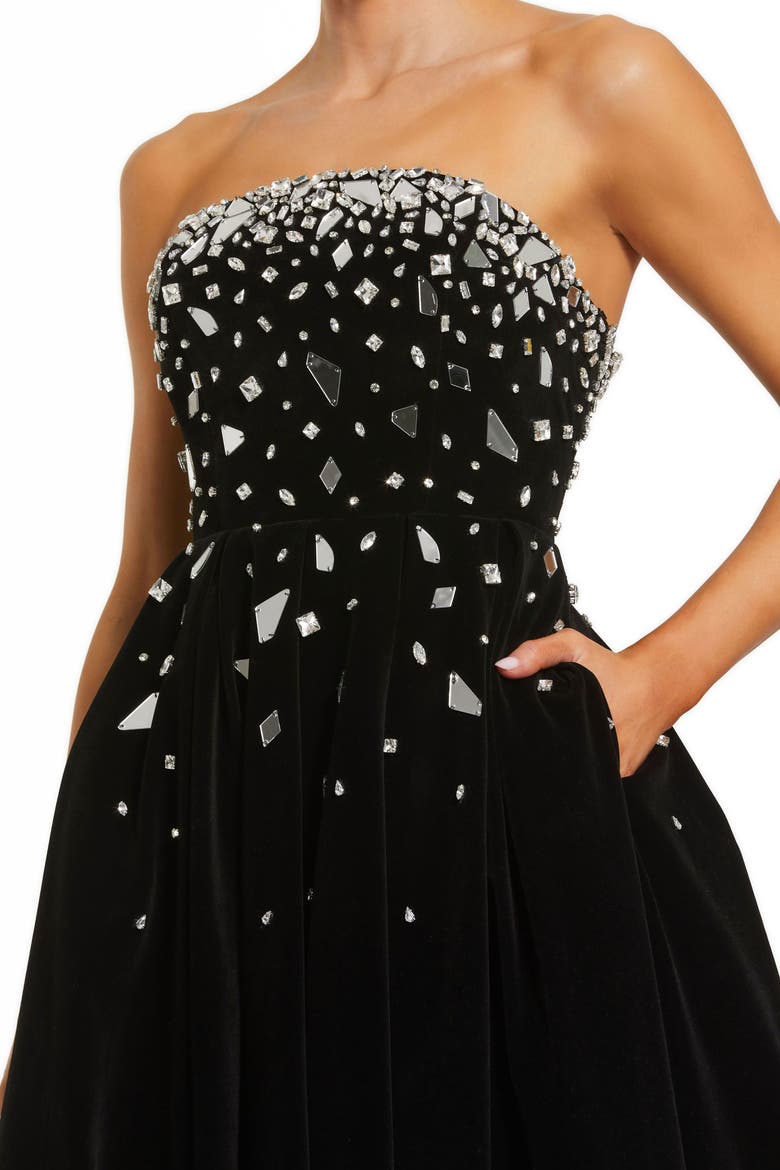 Women's Strapless Embellished Velvet Midi Dress, Alternate, color, Black