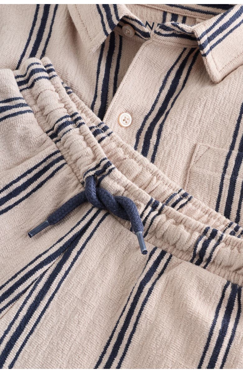 NEXT Kids' Stripe Knit Short Sleeve Cotton Button-Up Shirt & Drawstring Shorts Set, Alternate, color, Neutral