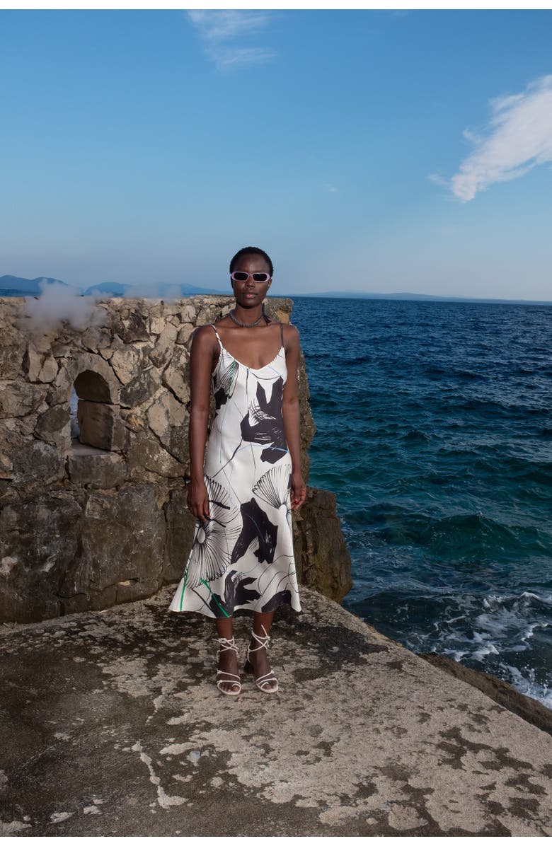 Untitled in Motion Desire Silky Printed Midi Slip Dress, Alternate, color, Ink Flower Cream