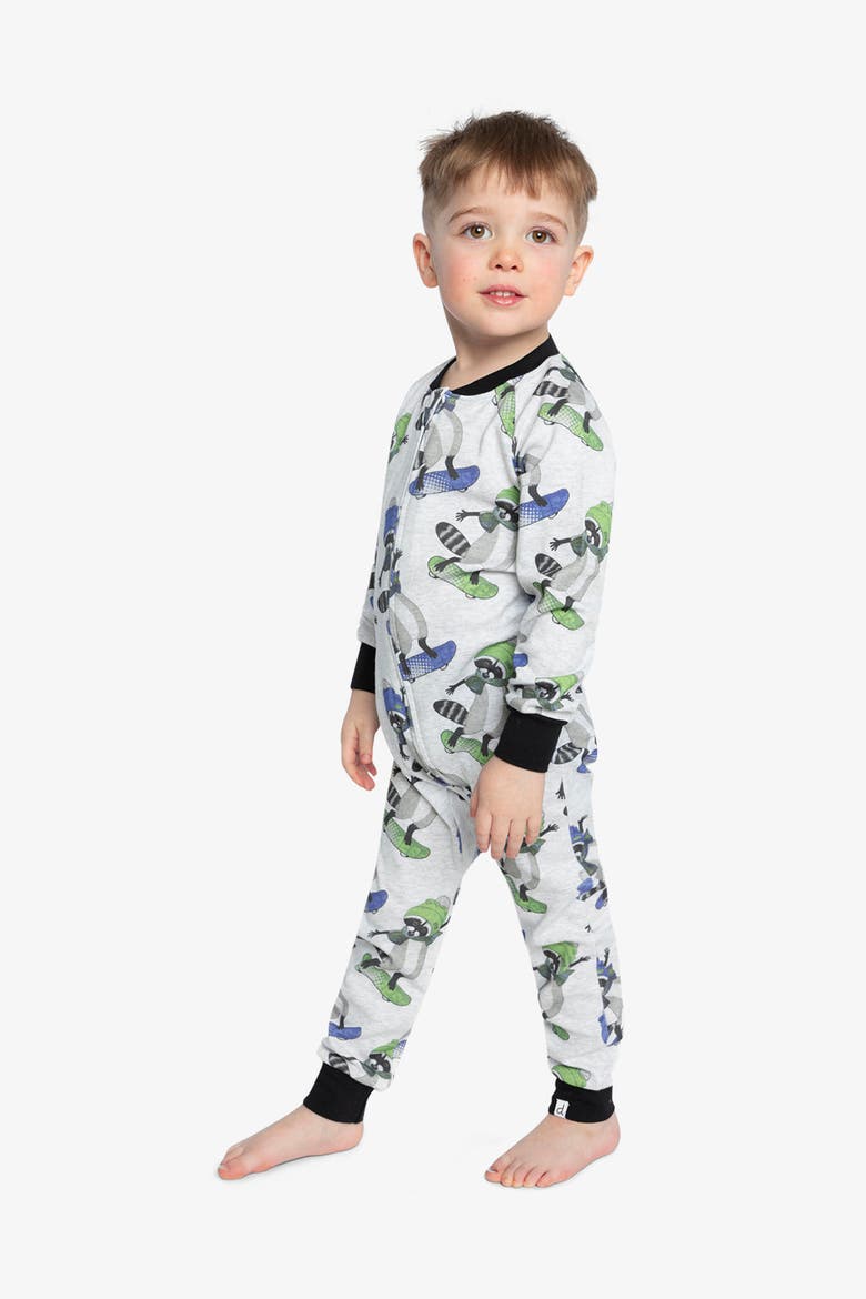 Raccoon Organic Cotton Front Zipper One Piece Pajama, Alternate, color, Beige with Raccoon Print