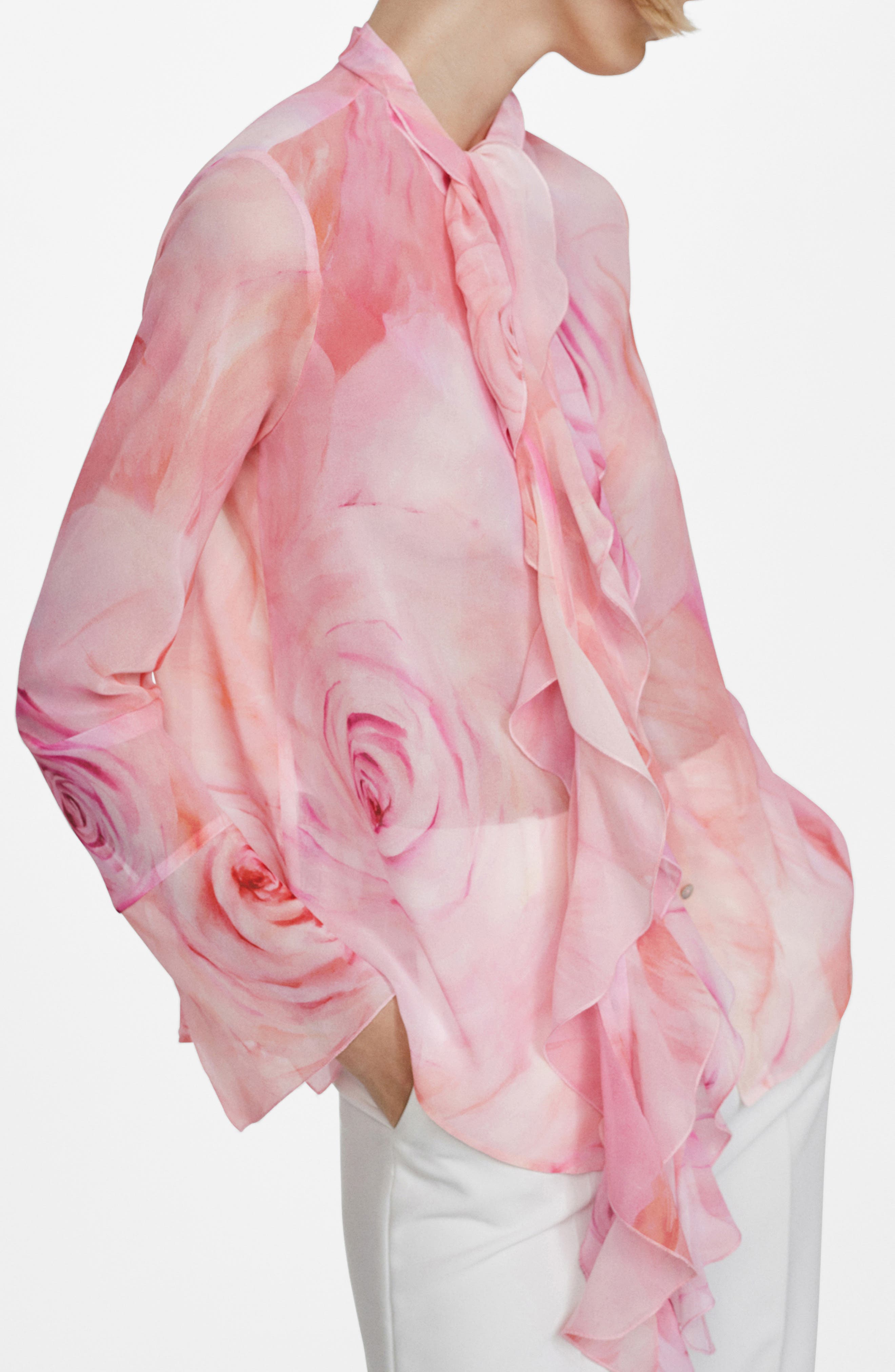 Floral Ruffle Tie Neck Button-Up Top