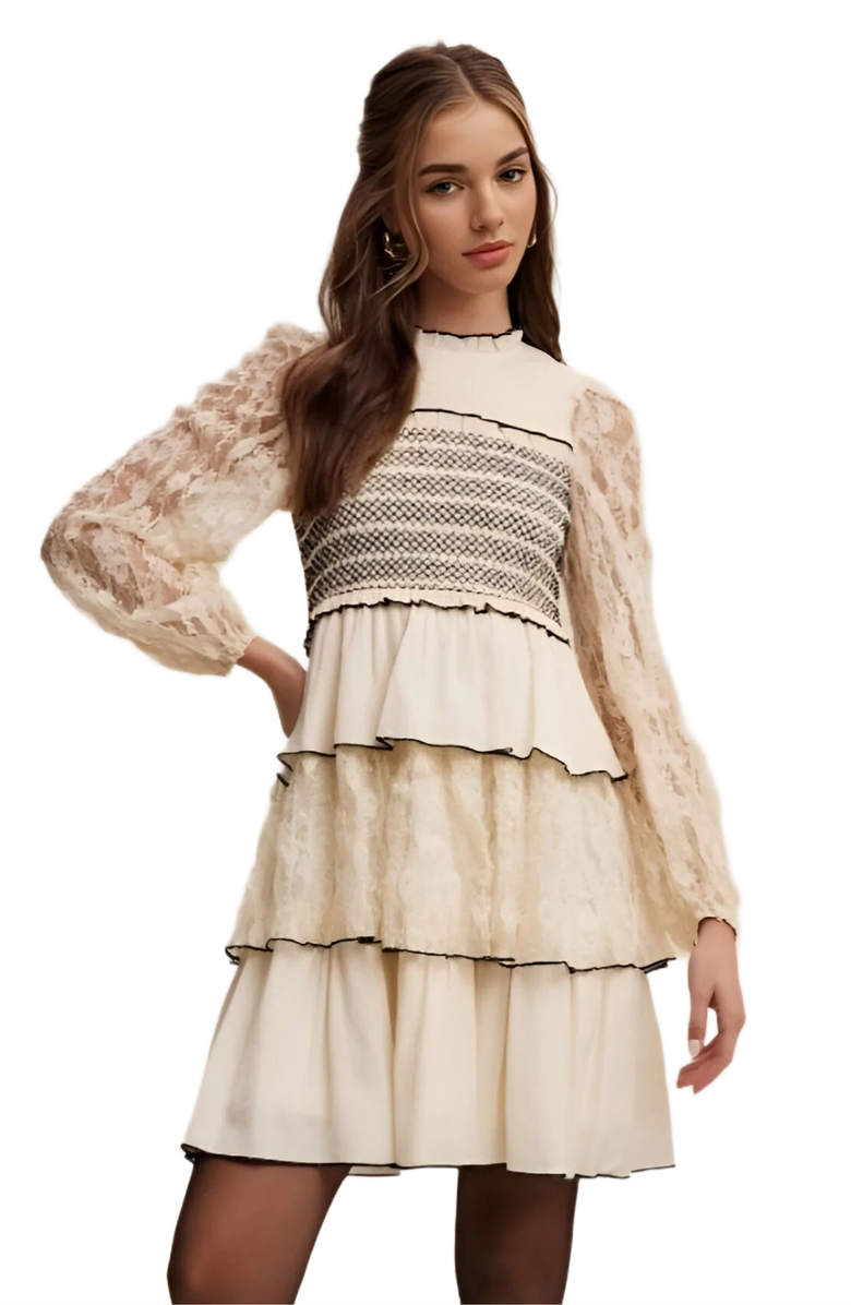 Knit and Lounge Tiered Mini Dress with Lace Sleeves, Main, color, 