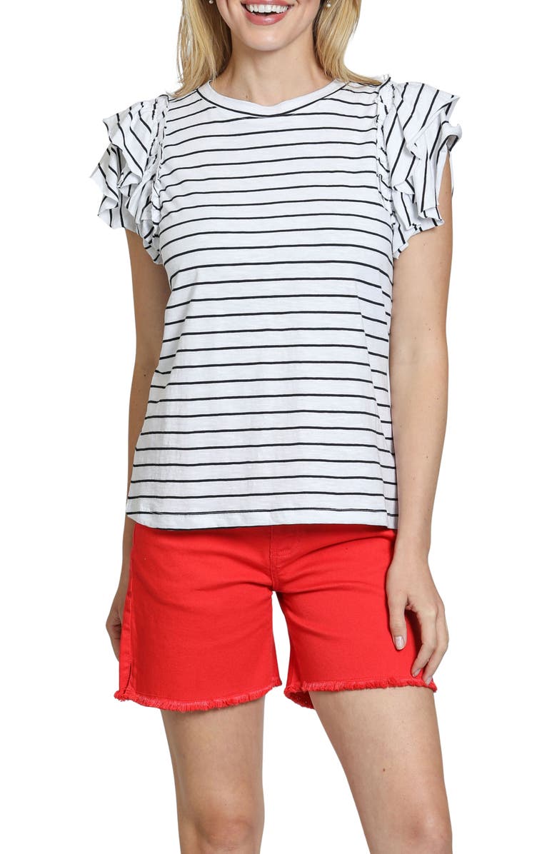 APNY Ruffle Sleeve T-Shirt, Main, color, White/ Black Stripe