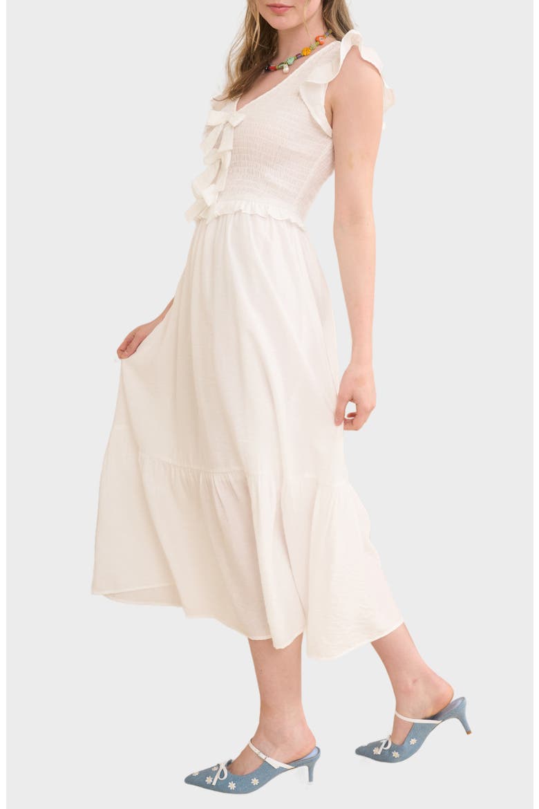 Bow Cap Sleeve Smocked Fit & Flare Midi Dress, Alternate, color, WHITE
