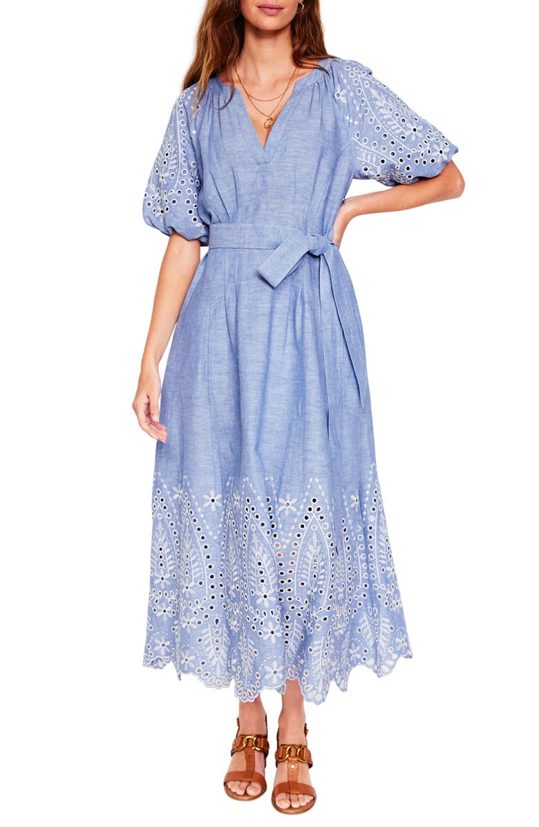 Boden Florence Embroidered Eyelet Linen & Cotton Puff Sleeve Dress, Main, color, Grey Blue Chambray