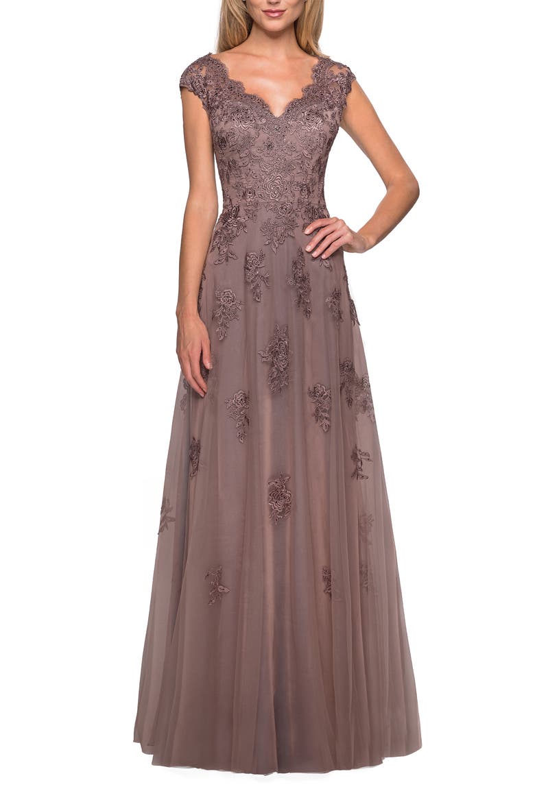 Short Sleeve Lace Gown with Cascading Embellishments, Main, color, COCOA