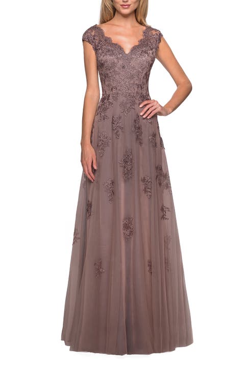 Short Sleeve Lace Gown with Cascading Embellishments