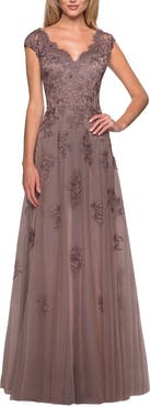 La Femme Short Sleeve Lace Gown with Cascading Embellishments