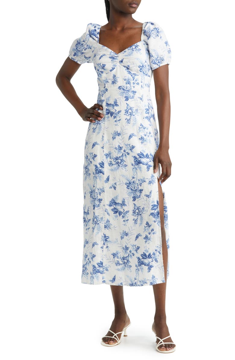& Other Stories Floral Puff Sleeve Linen Dress, Main, color, White W. Blue Floral Perla Aop