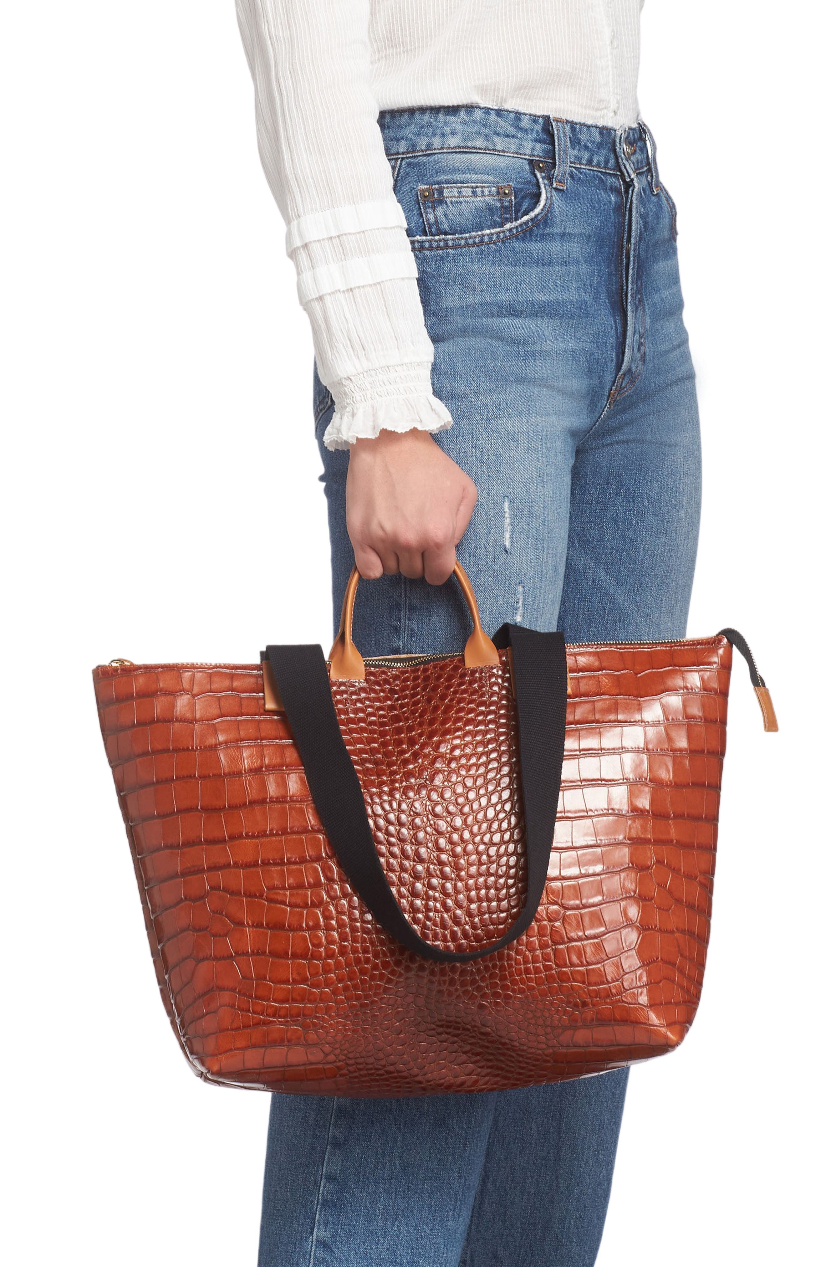 Clare V. Le Zip Sac Croc Embossed Leather Tote, Alternate, color, 