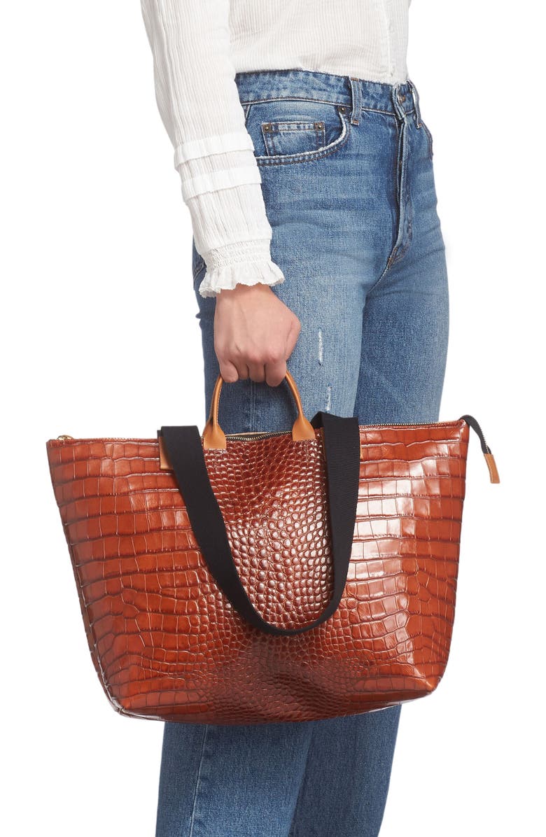 Clare V. Le Zip Sac Croc Embossed Leather Tote, Alternate, color,