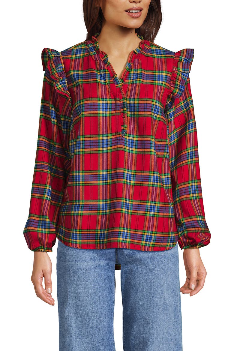 Ruffle Front Flannel Popover Blouse, Main, color, Red/Nautical Blue Plaid