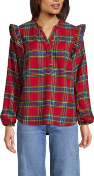 Lands' End Ruffle Front Flannel Popover Blouse