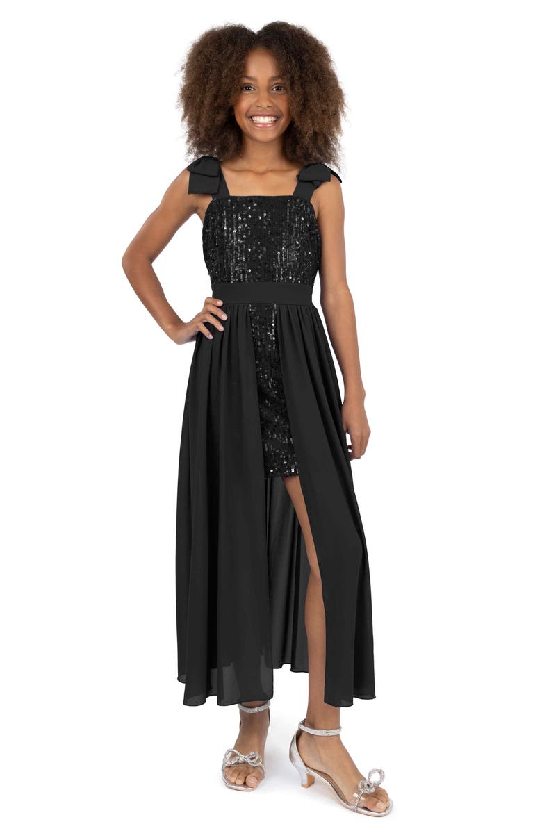 Speechless Kids' Sequin Bow Shoulder Dress, Alternate, color, Black