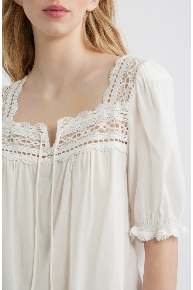 Wildflower Lace Trim Puff Sleeve Organic Cotton Blend Top, Alternate, color, WHITE