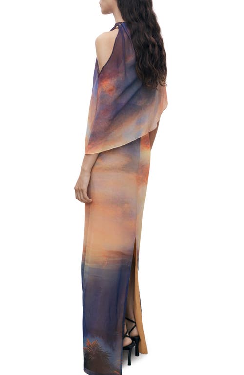 Mango Abstract Print Cape Detail Gown