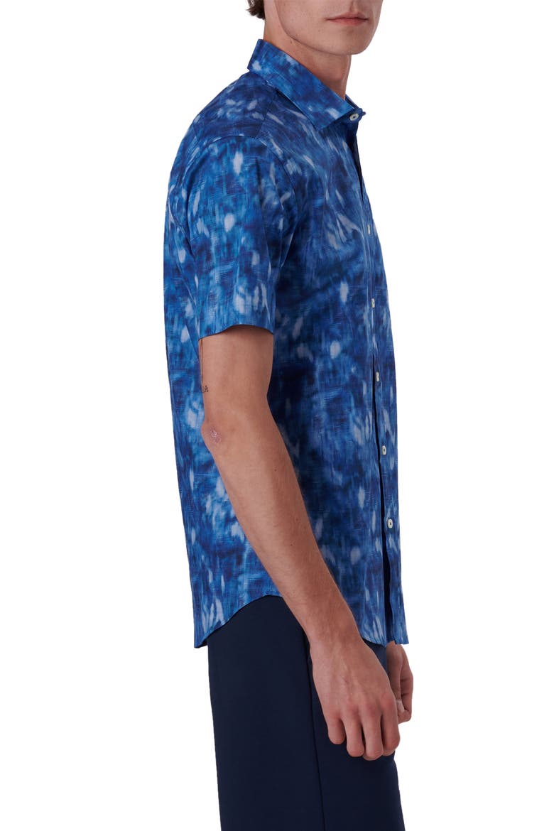 Shaped Fit Print Stretch Cotton Short Sleeve Button-Up Shirt, Alternate, color, FRENCH BLUE