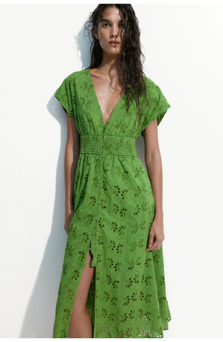 H&M Broderie-anglaise Cotton Dress, Main, color, Green