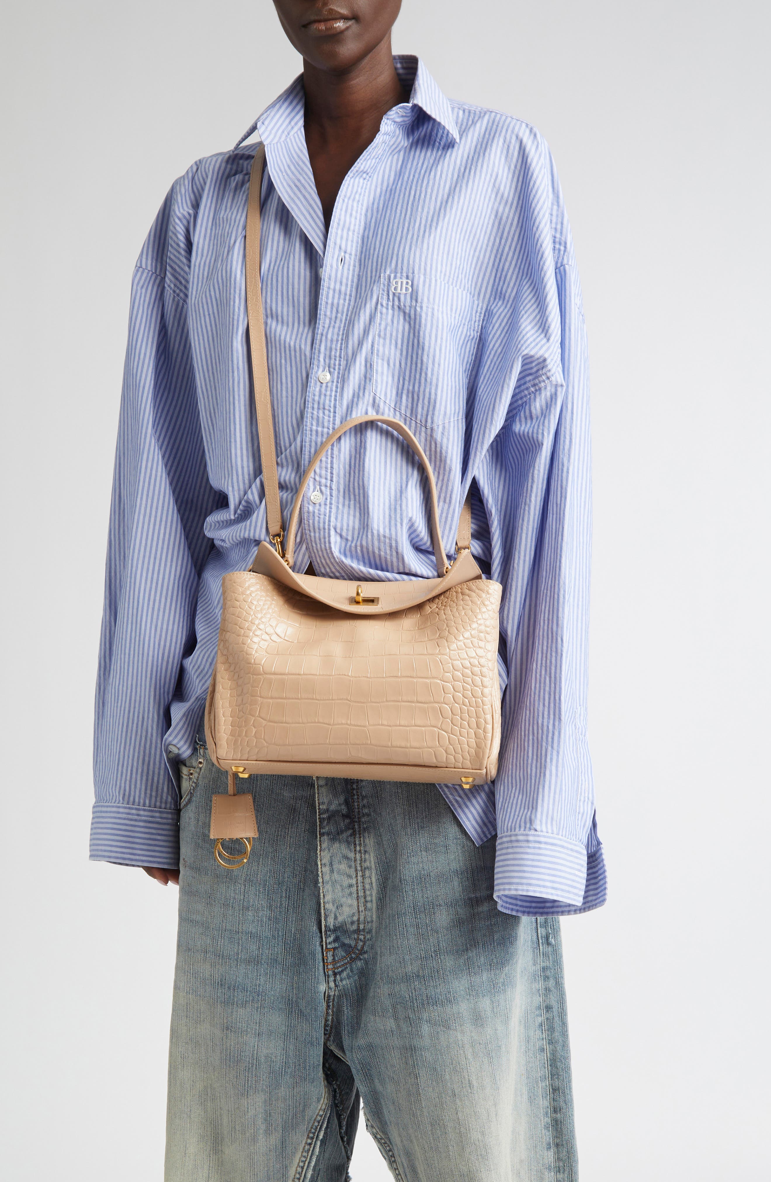 Small Rodeo Croc Embossed Leather Top Handle Bag, Alternate, color, BEIGE