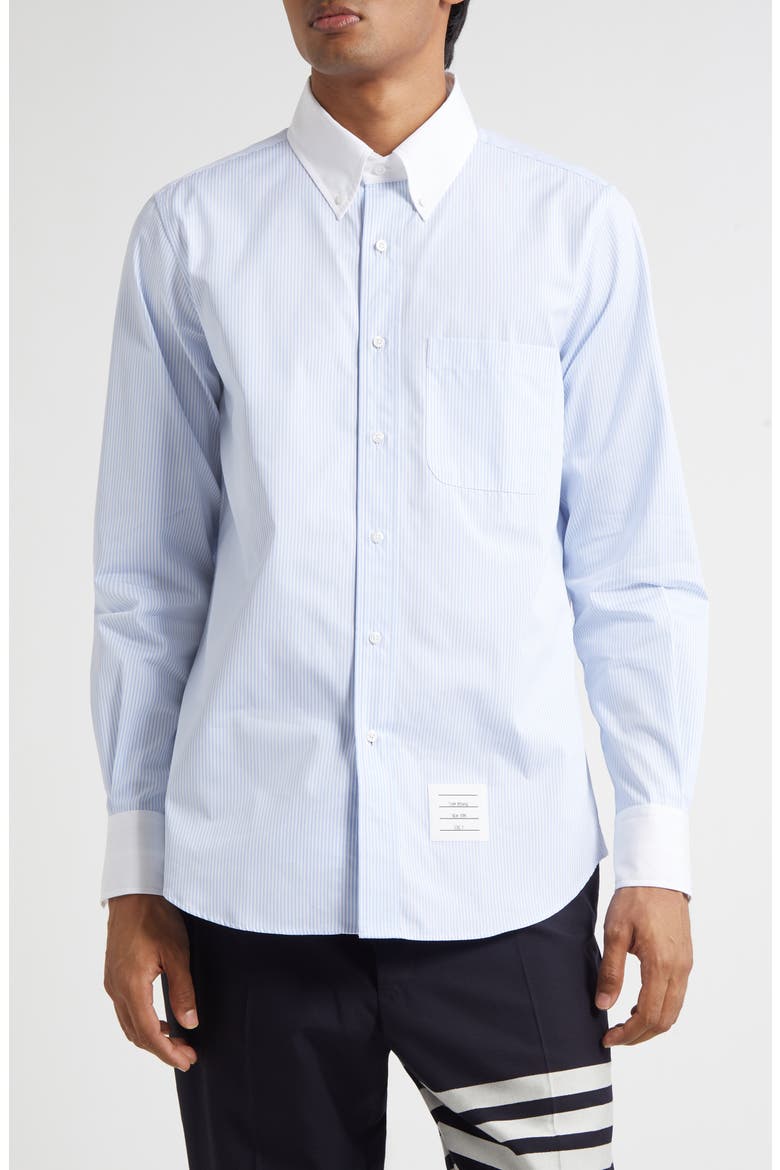 Micro University Stripe Straight Fit Cotton Poplin Button-Down Shirt, Main, color, LIGHT BLUE