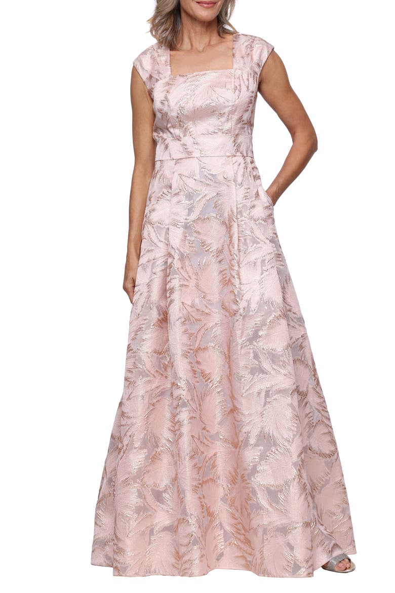 Metallic Leaf Jacquared Empire Waist Gown, Main, color, ROSE GOLD