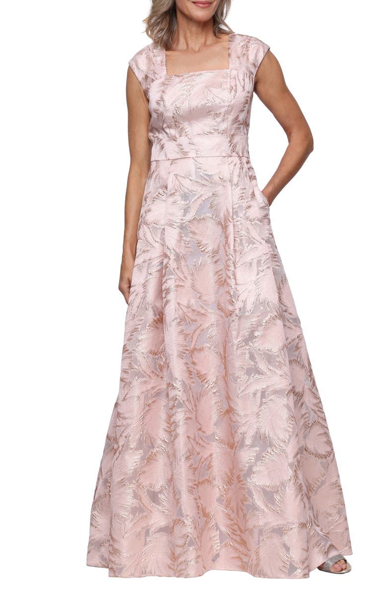 Alex Evenings Metallic Leaf Jacquared Empire Waist Gown, Main, color, Rose Gold