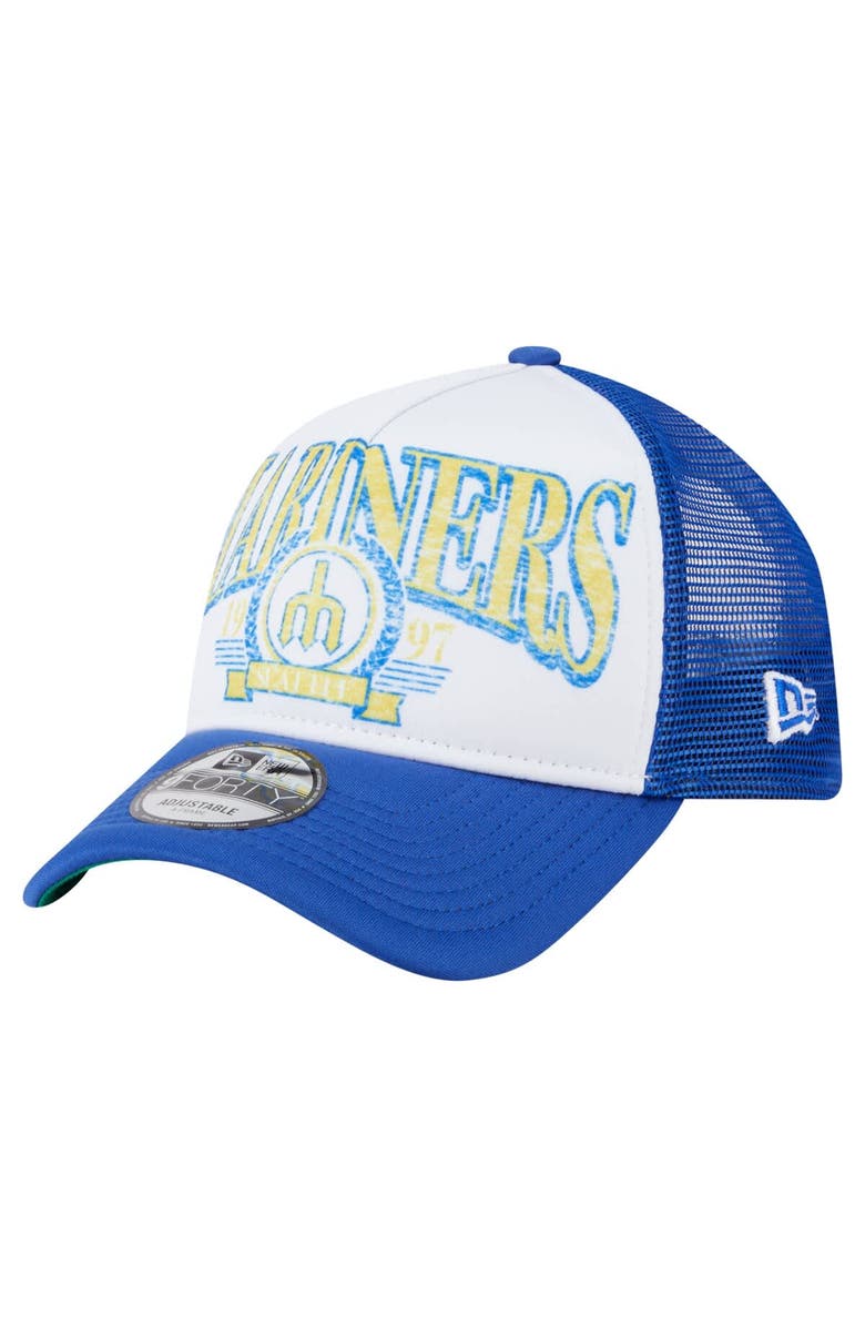 New Era Men's New Era Royal Seattle Mariners Distressed 9FORTY A-Frame Adjustable Trucker Hat, Main, color,