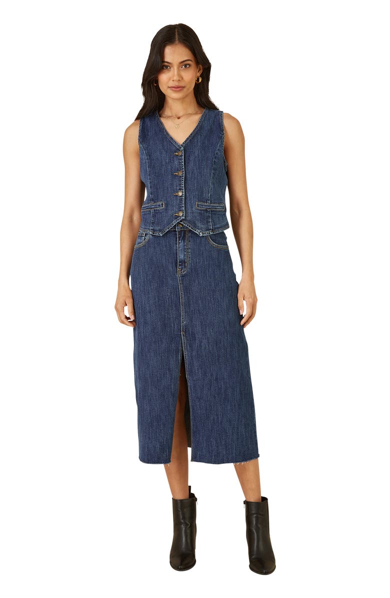 Yumi Button Up Denim Stretch Waistcoat, Main, color, Blue