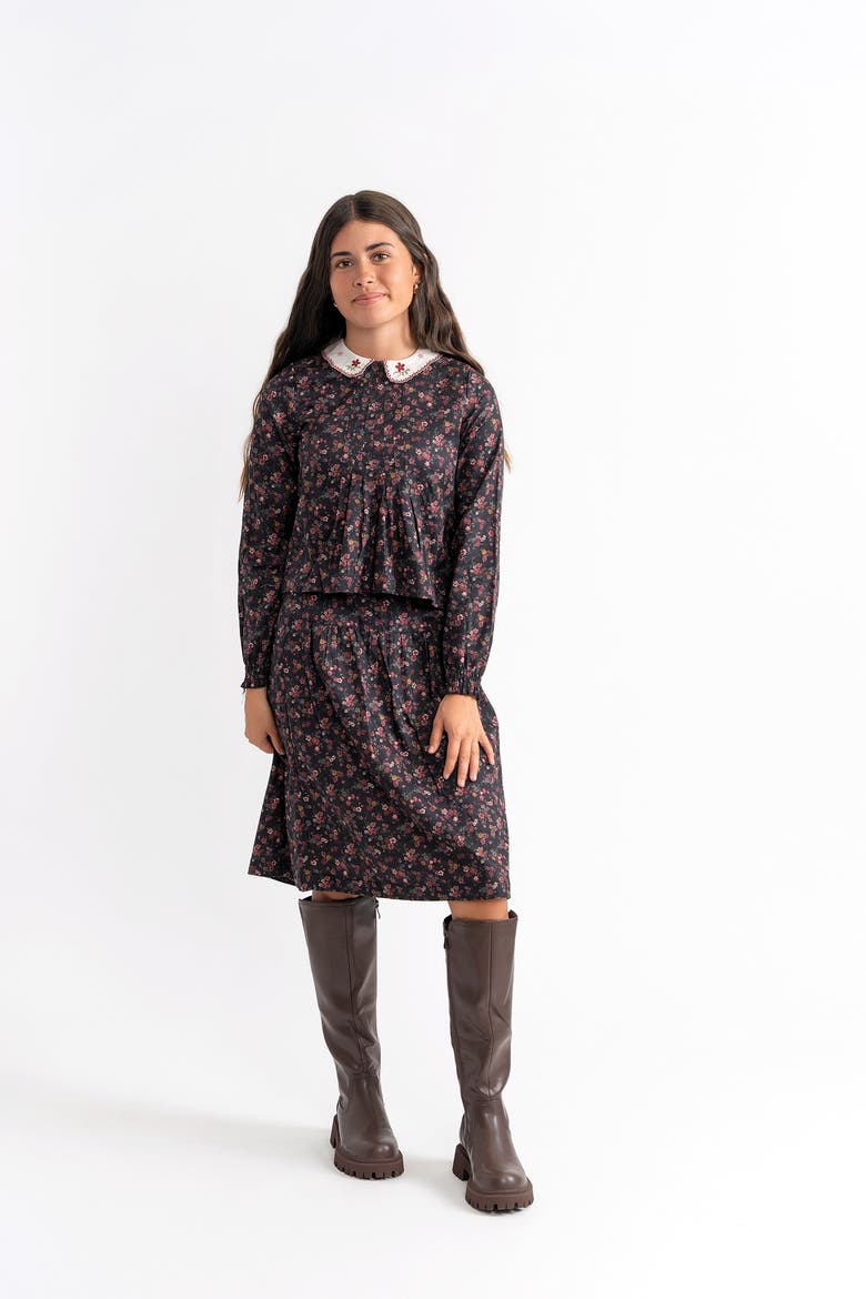 Girls 2-Piece Woven Floral Set - Embroidered Collared Blouse and Skirt, Alternate, color, Burgundy/Black