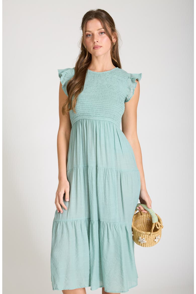 Smocked Cap Sleeve Tiered Midi Dress, Alternate, color, SAGE
