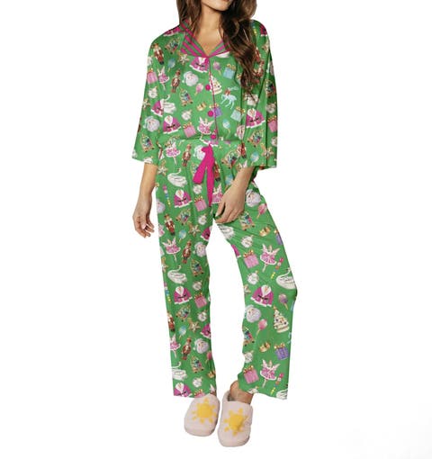 Holiday Bauble Silky 3/4 Sleeve Pants Set