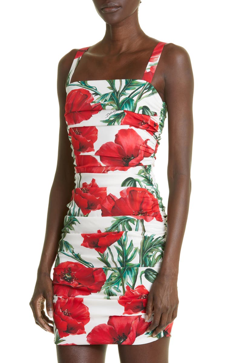 Dolce&Gabbana Poppy Print Ruched Stretch Silk Charmeuse Dress, Alternate, color, 