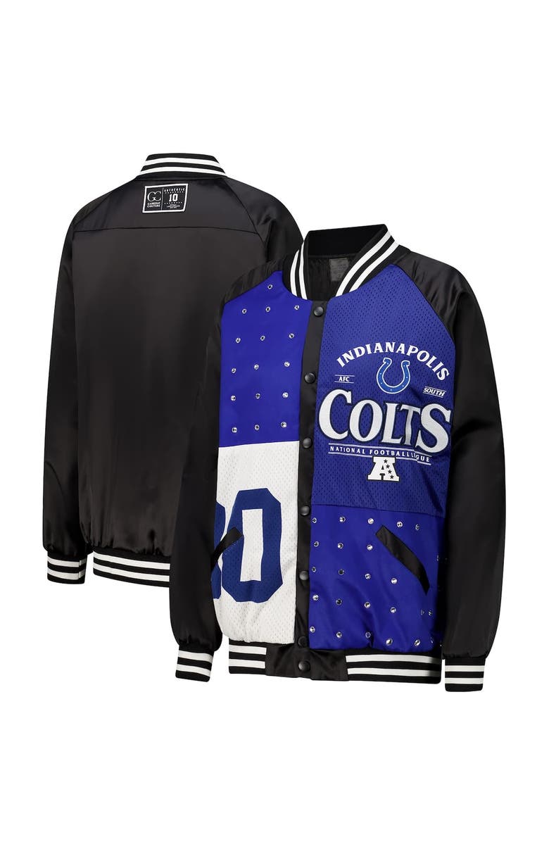 GAMEDAY COUTURE Women's Gameday Couture  Black/Royal Indianapolis Colts Oversized Hot Shot Rhinestone Throwback Full-Snap Varsity Bomber Jacket, Alternate, color, Black