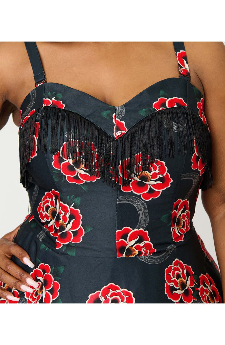 Unique Vintage Plus Size Fringe Swing Dress, Alternate, color, Black W/ Floral Print